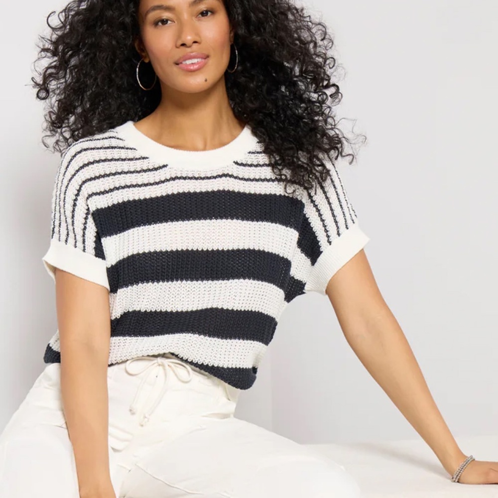 Evereve Blue and White Striped Knit Short Sleeve Sweater